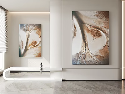 Modern Minimalist Interior With White Walls Abstract Art Paintings And Bench 3d model