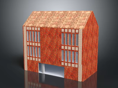 Two Story Red Brick House With Brown Tiled Roof And Front Windows And Entrance 3d model