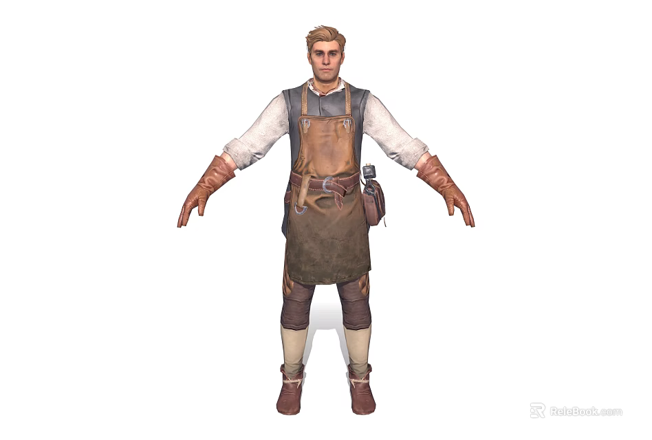 Game Movie Character In Medieval Style White Long Sleeve Shirt Brown Leather Apron And Gloves 3d model 
