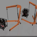 Orange Industrial Lifting Equipment with Metal Frame Chains Hooks and Wheels and Black Accessory Boxes