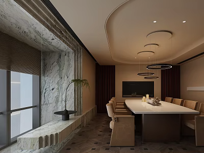 Modern Private Dining Room With Long Table And Elegant Decor 3d model