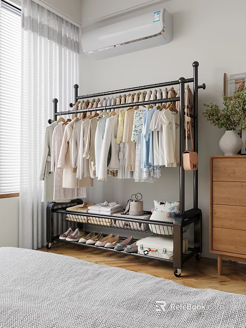 Modern Black Clothing Rack with Hanging Clothes Shoes Bags and Storage in Bedroom 3d model 