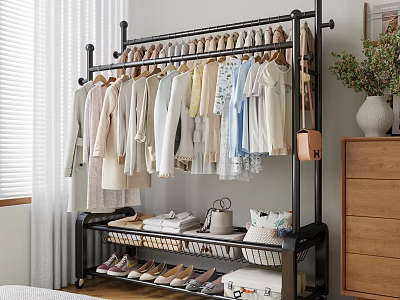 Modern Black Clothing Rack with Hanging Clothes Shoes Bags and Storage in Bedroom 3d model