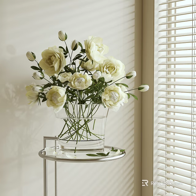 White Roses And Peonies In Transparent Glass Vase On Small Metal Table With Window Blinds 3d model 