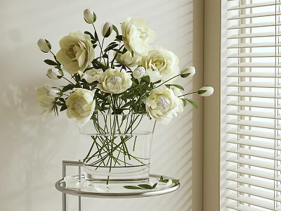 White Roses And Peonies In Transparent Glass Vase On Small Metal Table With Window Blinds 3d model