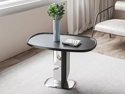 Modern Black Oval Top Side Table With Metal Base Blue Vase Green Plant And Open Book 3d model