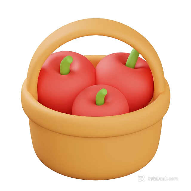 Three Fresh Red Apples in Yellow Basket with Green Stems 3d model 