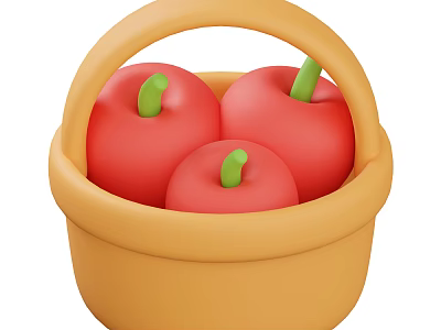 Three Fresh Red Apples in Yellow Basket with Green Stems 3d model