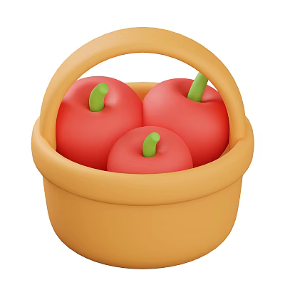 Three Fresh Red Apples in Yellow Basket with Green Stems 3d model