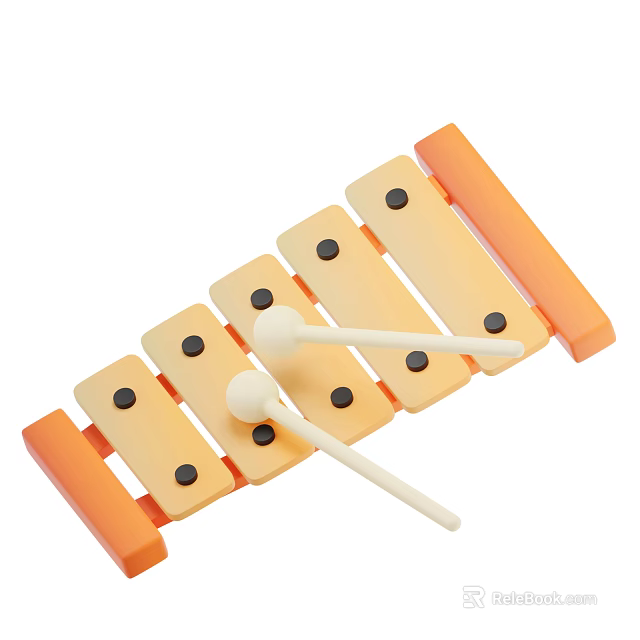 Wooden Xylophone Musical Instrument with Colorful Keys and White Mallets for Kids 3d model 