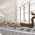 Modern Exhibition Hall Interior With Marble Flooring Art Sculpture Chandelier And Glass Walls