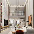 Modern Loft Living Room With High Ceiling Sofa And Staircase 3d model