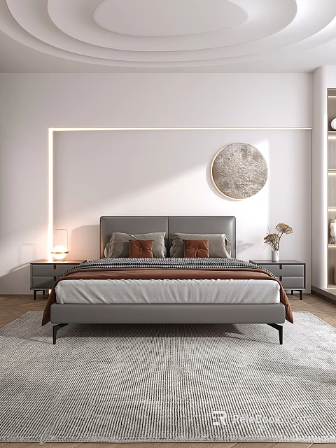 Modern Bedroom Interior With White Walls Grey Headboard Round Art Two Pillows And Brown Blanket 3d model 