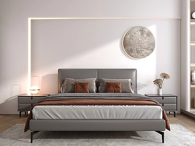Modern Bedroom Interior With White Walls Grey Headboard Round Art Two Pillows And Brown Blanket 3d model