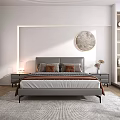 Modern Bedroom Interior With White Walls Grey Headboard Round Art Two Pillows And Brown Blanket