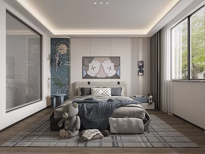 Modern Kids Room Design With Bed Blanket Stuffed Teddy Bear Decorative Painting Window And Rug 3d model