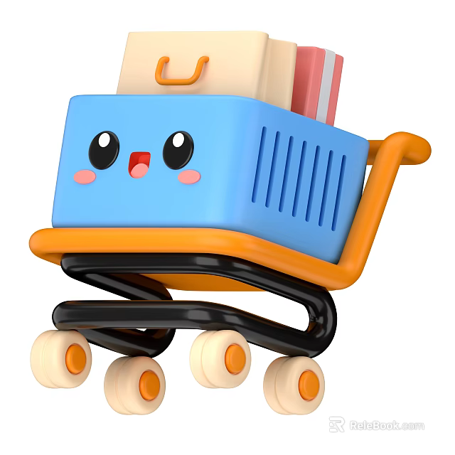 Cartoon Style Decorative Ornament Set With Smiling Face Blue Orange Shopping Cart Design 3d model 