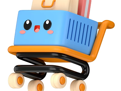 Cartoon Style Decorative Ornament Set With Smiling Face Blue Orange Shopping Cart Design 3d model