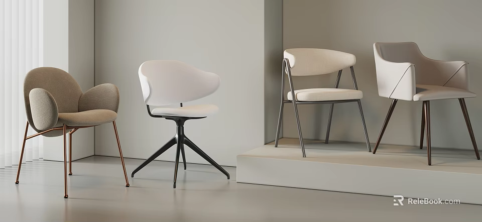 Modern Upholstered Dining Chairs In White And Beige With Metal Legs 3d model 