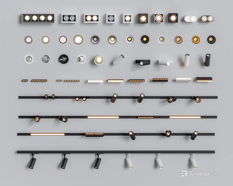 Various Modern Downlights And Spotlights With Track Recessed Styles And Black White Gold Finishes 3d model 