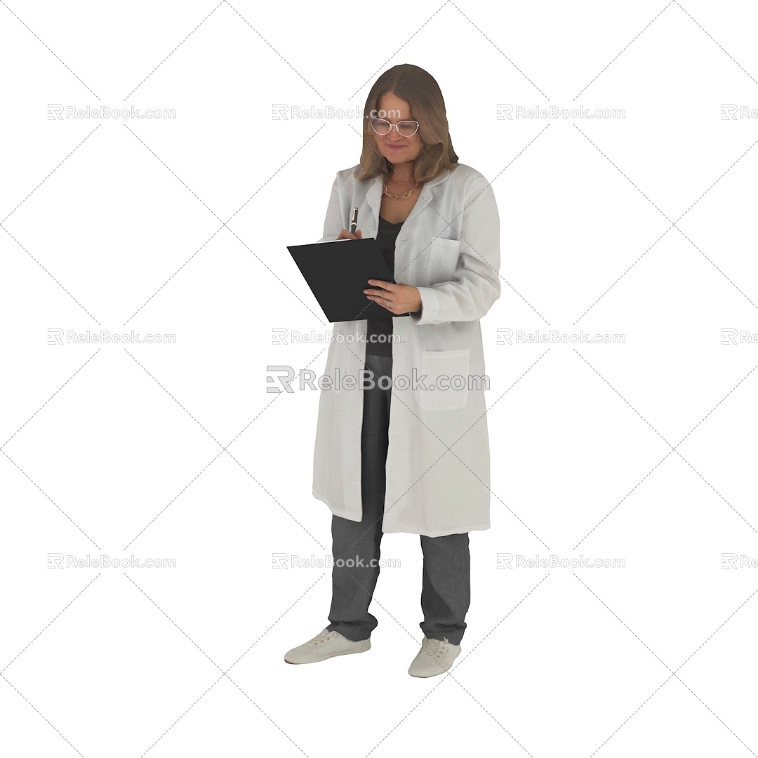 Standing foreign woman in white coat, scientific research staff, medical staff model