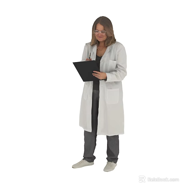 Professional woman in white lab coat holding clipboard and writing notes 3d model 