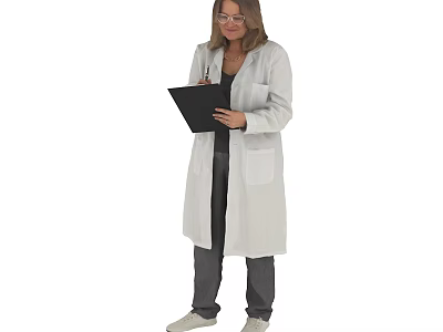 Professional woman in white lab coat holding clipboard and writing notes 3d model