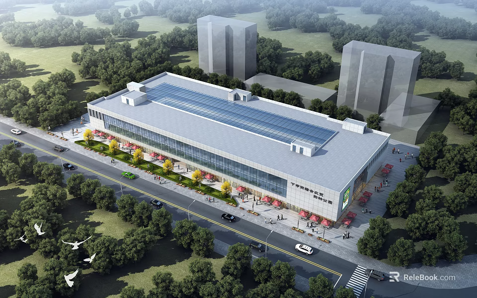 Modern Large Building Exterior Featuring Glass Windows Surrounding Trees Road Vehicles And High Rise Background 3d model 