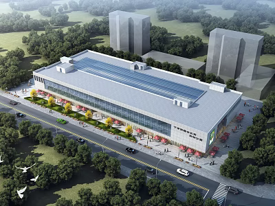 Modern Large Building Exterior Featuring Glass Windows Surrounding Trees Road Vehicles And High Rise Background 3d model