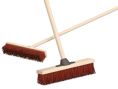 Crossed Brooms With Wooden Handles Red Bristles And White Brush Heads 3d model