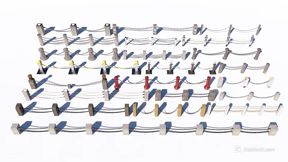 Various Decorative Fence Designs With Diverse Material Posts And Chains 3d model
