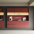 Modern Red Sideboard Design With LED Lighting Storage Cabinets And Coffee Maker 3d model
