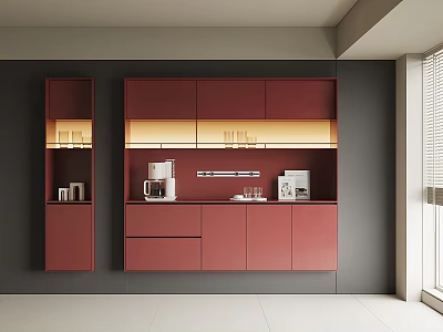 Modern Red Sideboard Design With LED Lighting Storage Cabinets And Coffee Maker 3d model