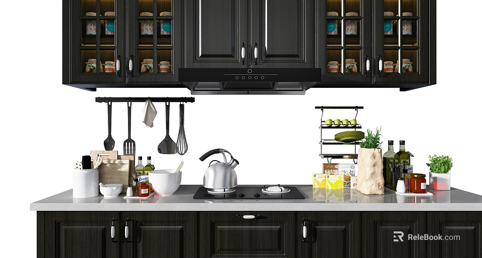 Modern Kitchen Interior Featuring Dark Cabinets Glass Doors Countertop Utensils Spices 3d model 
