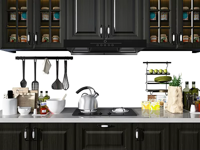 Modern Kitchen Interior Featuring Dark Cabinets Glass Doors Countertop Utensils Spices 3d model