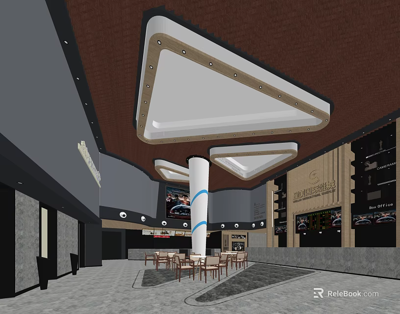 Modern Cinema Lobby With Triangular Ceiling Lights And Spacious Seating Area 3d model