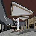 Modern Cinema Lobby With Triangular Ceiling Lights And Spacious Seating Area 3d model