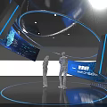 Modern Tech Exhibition Installation With Curved Structure Blue Lighting Screens And Silhouette Figures