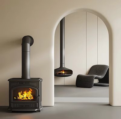 Modern Fireplace With Burning Flames And Cozy Armchair In Minimalist Living Room Interior 3d model