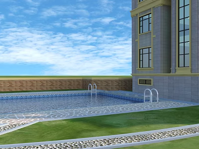Outdoor Swimming Pool Area With Modern Building Green Lawn And Patterned Tiles 3d model