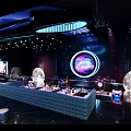 Modern Bar Interior Design with Purple Blue Lighting Reflective Floor and Bar Stools