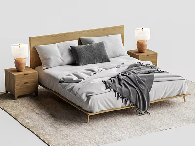 Modern Double Bed with Wooden Headboard Gray Pillows and Table Lamps on Nightstands 3d model