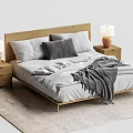 Modern Double Bed with Wooden Headboard Gray Pillows and Table Lamps on Nightstands