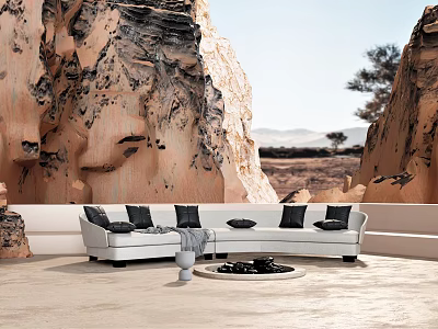White Sectional Sofa with Black Cushions in Outdoor Rock Background Setting and Round Coffee Table 3d model