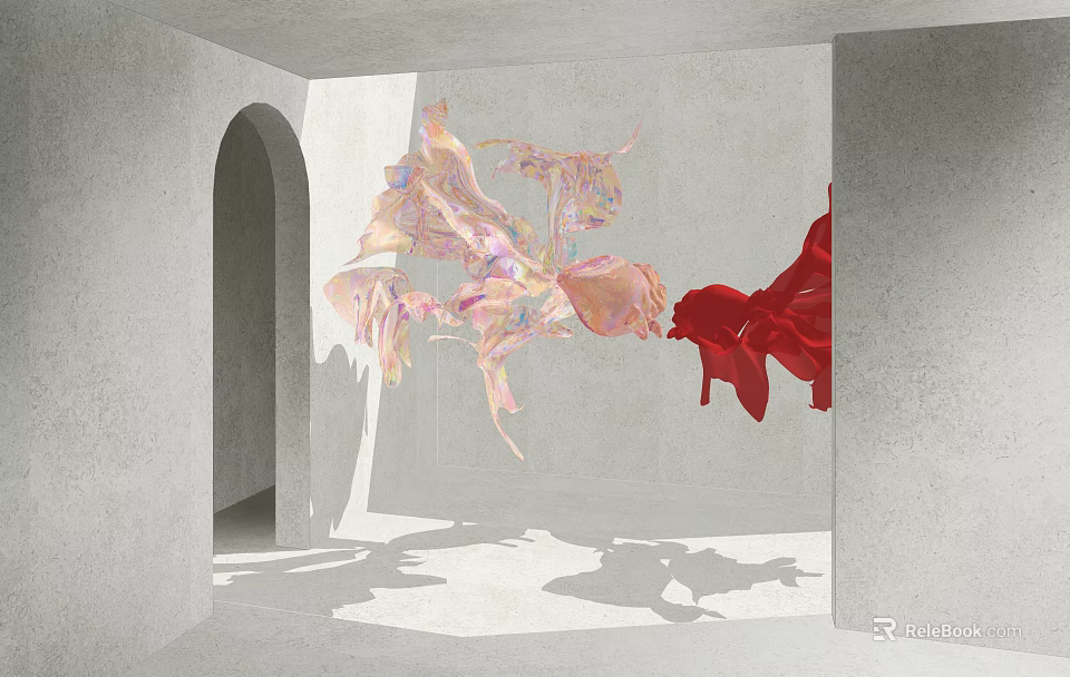 Art Installation in Gray Concrete Room With Arched Doorway Hanging Pink Transparent Red Fabric Shadows 3d model 