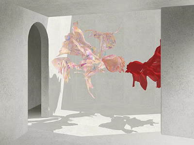 Art Installation in Gray Concrete Room With Arched Doorway Hanging Pink Transparent Red Fabric Shadows 3d model