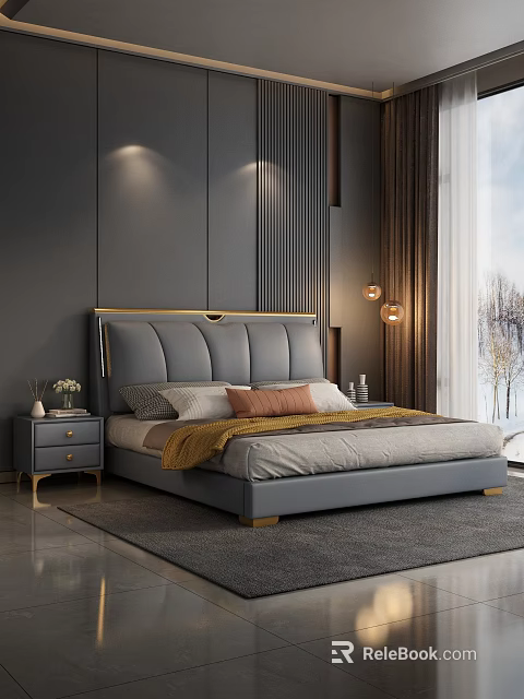 Modern Bedroom Background with Gray Upholstered Double Bed Gold Accent Headboard Nightstands and Large Window 3d model 