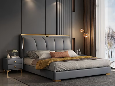 Modern Bedroom Background with Gray Upholstered Double Bed Gold Accent Headboard Nightstands and Large Window 3d model