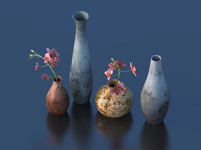 Decorative Ornament Set with Vases Pink Flowers and Various Colors Shapes 3d model