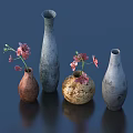 Decorative Ornament Set with Vases Pink Flowers and Various Colors Shapes